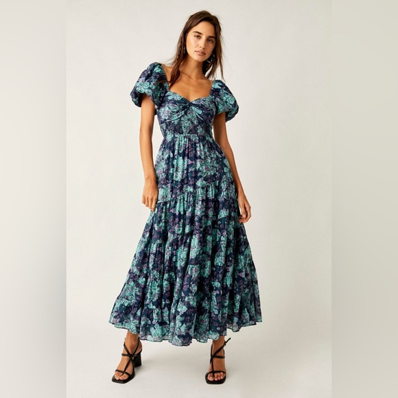 Free People Floral Sundrenched Short Sleeve Maxi Dress Navy Blue Green Size M - Picture 14 of 15
